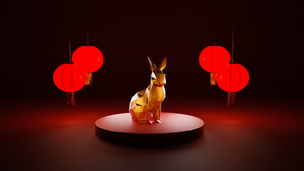 Rabbit on platform surrounded by lanterns, dark background, geometric crystal rabiit, Chinese New Year, Year of the Rabiit