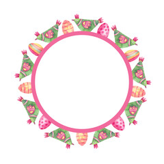 Watercolor hand painted Easter round frame with funny hens and colorful eggs.  Decorative illustration.