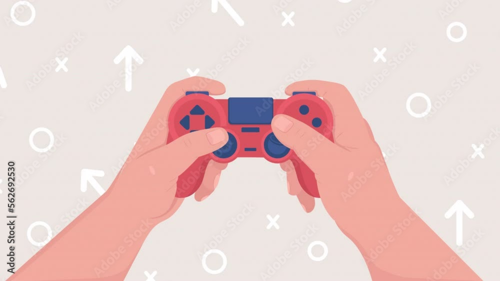 Poster animated using gaming controller. pressing buttons. handheld video game console. looped flat color 2