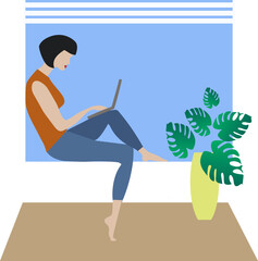 A young girl works on a laptop at home, sitting on a windowsill. On the carpet is a vase with a monstera. Сartoon