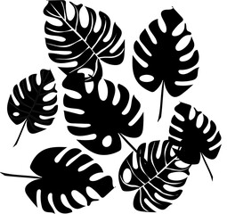 Fantasy. Monstera leaves in different sizes, black silhouette, cartoon