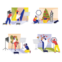 Set concept Men and women work as photographers with people scene in the flat cartoon style. Photographers do photo session for different people. Vector illustration.