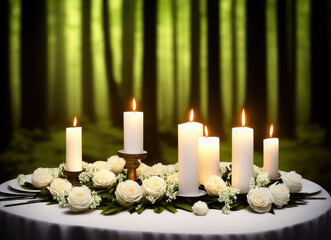 Flower and Candle Arrangement with Forest Background generative AI