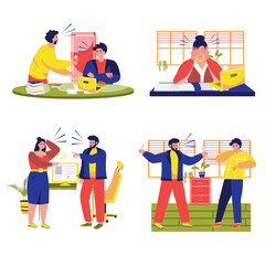 Rudeness in a business team set concept with people scene in the flat cartoon design. Business people shout at each other because they faced some problems. Vector illustration.