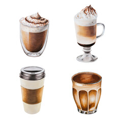 Watercolor set of coffee in porcelain cups. Hand painting espresso, americano, latte, raff, take away coffee, mocha on a white isolated background. For designers, menu, shop, bar, bistro, restaurant