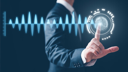 global network connections, innovative technology in science and communication concept, businessman touching on virtual glob with virtual signal wave, concept of internet of thing.