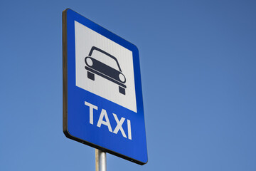 Taxi parking sign. Close up view of an indicator showing that here is a station for taxi waiting....