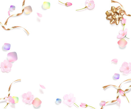 桜の花とつぼみと花びらー虹色宝石の転がるかわいいゴールドリボンフレームイラスト白バック素材