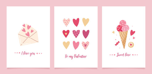 Set of greeting cards for Valentine's Day. Vector cute illustrations with festive decorative elements, heart, bouquet, envelope, sweets and inscriptions.
