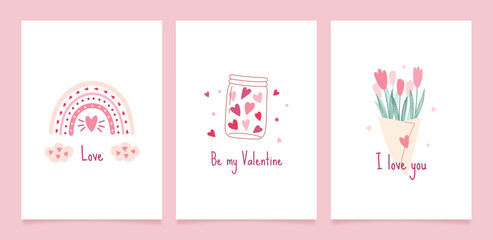 Set of greeting cards for Valentine's Day. Vector cute illustrations with festive decorative elements, heart, bouquet, boho rainbow, sweets and inscriptions.