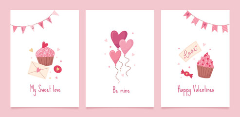 Set of greeting cards for Valentine's Day. Vector cute illustrations with festive decorative elements, heart, envelope, cupcake, sweets, balloons and inscriptions.