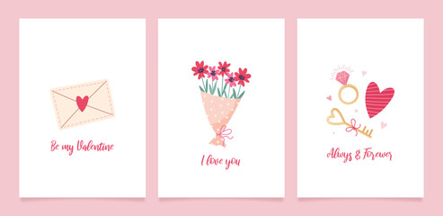 Set of greeting cards for Valentine's Day. Vector cute illustrations with festive decorative elements, heart, envelope, sweets and inscriptions.