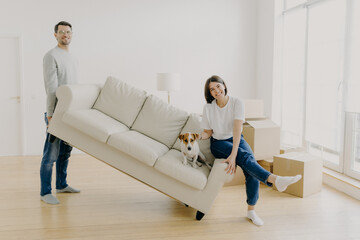 Happy couple move furniture in their new modern home, carry sofa with pet, pose in spacious room, lift couch in living room, have happy looks, celebrate moving day, carton boxes on floor near