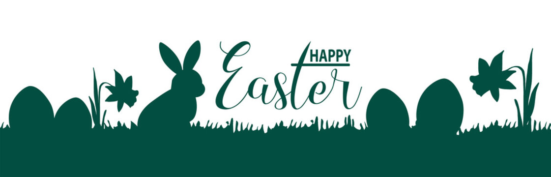 Happy Easter banner panorama wide holiday greeting card template illustration painting - Green silhouette of easter symbols, easter bunny, easter eggs and daffodils meadow isolated on white background