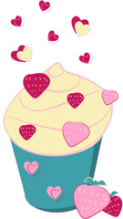 Hand drawn muffin with strawberries and flying hearts for Valentine design isolated on white background