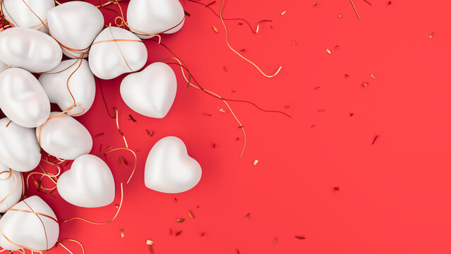 Valentine day pearl white hearts with confetti on red backdrop. 3d render illustration.