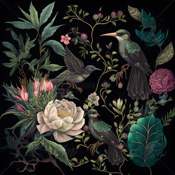 highly detailed, small elements, black background watercolour illustration style botanical garden with Mayan symbolism, luxury in the style of Gucci , detailed, repeated pattern — ar 5:2 