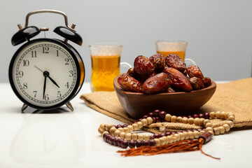Ramadan food Sweets mixed of dried fruits, Dates premium dates, 
full of date fruits, Arabic coffee, Concept: month fasting culture Muslim prayer, 
1444 Puasa Ramadan Kareem greeting festival
