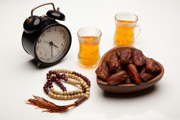 Ramadan food Sweets mixed of dried fruits, Dates premium dates, 
full of date fruits, Arabic coffee, Concept: month fasting culture Muslim prayer, 
1444 Puasa Ramadan Kareem greeting festival
