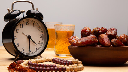 Ramadan food Sweets mixed of dried fruits, Dates premium dates, 
full of date fruits, Arabic coffee, Concept: month fasting culture Muslim prayer, 
1444 Puasa Ramadan Kareem greeting festival
