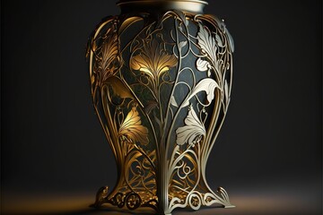  a vase with a gold design on it on a black background with a shadow of the vase on the floor and the floor behind it is a dark background with a light from the bottom.  Generative AI
