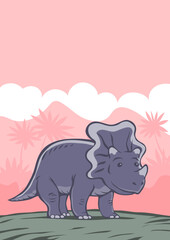 Small triceratops dinosaur with a horn. Herbivore cute ceratops. Dino Jurassic. Ancient prehistoric lizard. Character for children. Cartoon vector illustration. Hahd drawn outline style