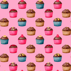 Seamless pattern with chocolates on a pink background. Watercolor design for Valentine's Day, Birthday, Wedding, Anniversary. Ideal for printing on packaging, wrapping, stationery, fabric..