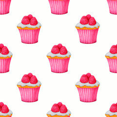 Seamless pattern with cupcakes and chocolates on a white background. Watercolor design for Valentine's Day, Birthday, Wedding, Anniversary. Ideal for printing on packaging, wrapping, fabric, cards.
