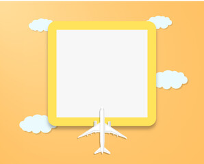 Fototapeta na wymiar One big photo frame with travel concept, travel photo album concept, plane and clouds in orange background