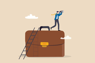 Career future, hope for work success or search for career path, ambition to find work opportunity, job promotion or business strategy concept, businessman climb up on briefcase see through binoculars.