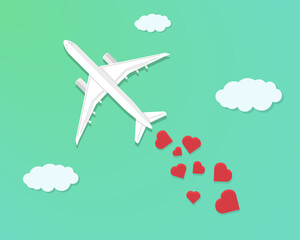 Passenger plane leaving hearts behind, travel and love concept, tourism vector banner with airplane and clouds
