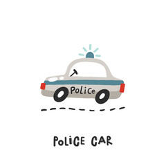 Police car. Hand drawn illustration in cartoon style. Transport toys. Cute concept for children's print. Illustration for the design postcard, textiles, apparel