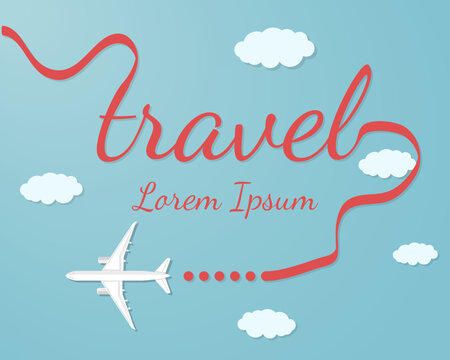 Travel text with route dotted line, passenger plane and clouds with copy space, tourism and vacation banner vector