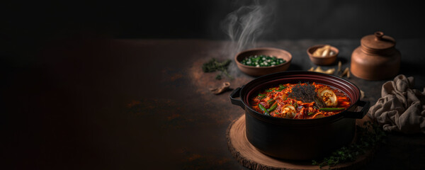 Hot and spicy korean kimchi soup. Banner. 5:2 10667x4267. Generative AI
