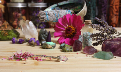 Dried Flowers and Crystal Stones on Meditation Altar Shallow DOF