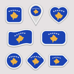 Kosovo flag stickers set. Kosovar national symbols badges. Isolated geometric icons. Vector official flags collection for sport pages, patriotic, travel, school, design elements. Different shapes.