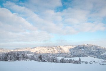 Fototapeta na wymiar Fabulous white nature. Winter scenery with new freshly fallen snow and gentle morning sun. Beskydy mountains, Czech republic