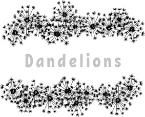 Border frame of silhouettes of fluffy dandelions with place for text
