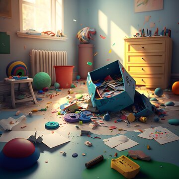 Messy children's playroom created with AI