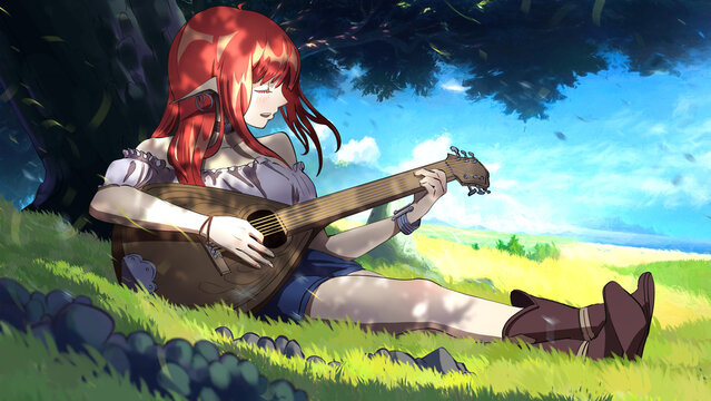 A cute elf girl is sitting on the grass under a tree with dense foliage against the backdrop of a beautiful landscape of a sunny field, she sings and plays the lute, she has red hair. 2d anime art