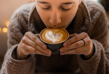 Young woman holds in hands a cup of coffee with heart shaped latte art foam. Close up cup of coffee with cream in coffee shop.