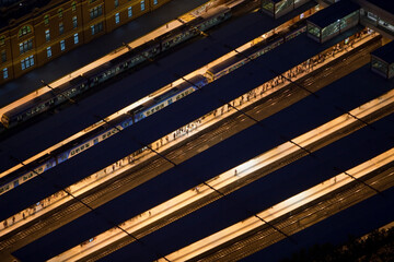 Melbourne railway station at night from the viewing platform in the Eureka Tower, the highest viewing platform in the Southern hemisphere, Victoria, Australia.