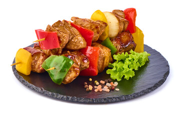 Grilled meat skewers, roasted shish kebab with onion and tomatoes, isolated on white background.