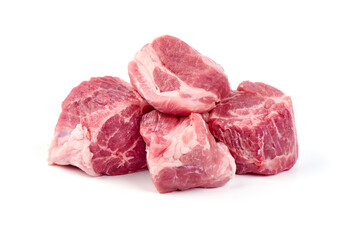 Raw pork pieces, isolated on white background. High resolution image.