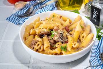 Penne pasta with carbonara mushroom sauce