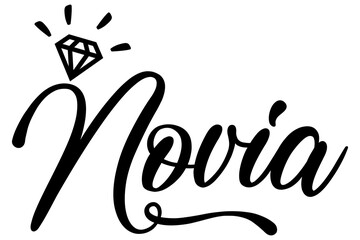 Letras de la palabra Novia con diamante. Texto manuscrito Novia en español 