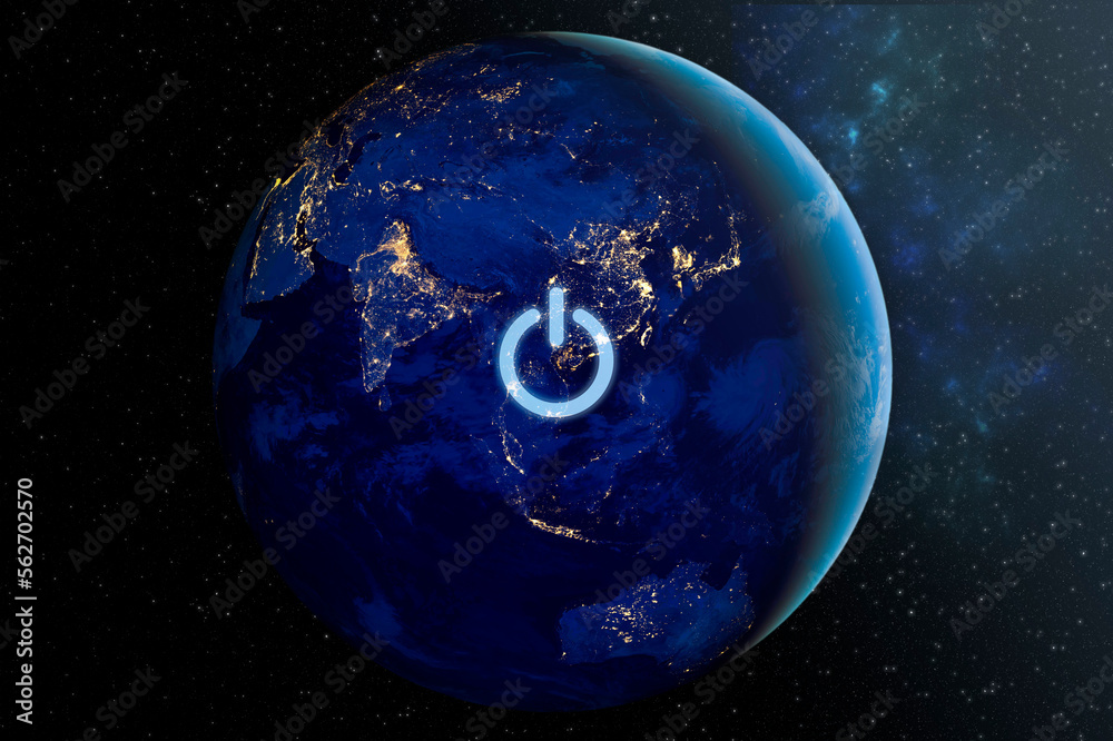 Wall mural blackout concept with power button on earth planet elements on this image furniched by nasa