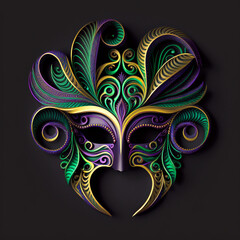 Realistic luxury carnival mask for Mardi Gras isolated on dark background, square composition. Generative AI, AI generated illustration.