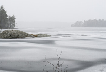 Frozen lake in blizzard