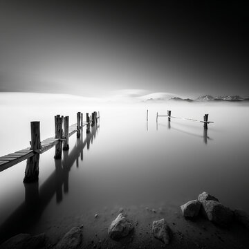 ultra wide angle long exposure black and white photograph of a lake without waves with pillars sticking out of the water inside with fog and a cloudless sky